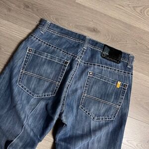 Southpole Mens Blue Denim Jeans Straight Leg Size 34x32 Embroidered Pockets